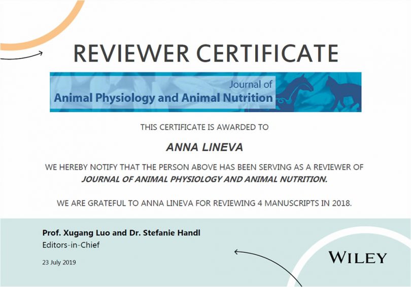 Reviewer of Wiley Journal of Animal Nutrition and Animal Physiology, 2019 г.